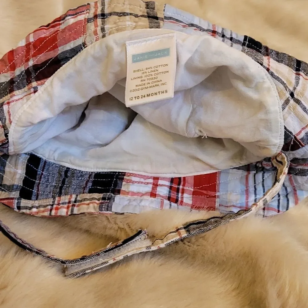 Janie AND JACK BLUE AND RED PLAID SUMMER BUCKET HAT WITH STRAP, SIZE 12-24 MOS.